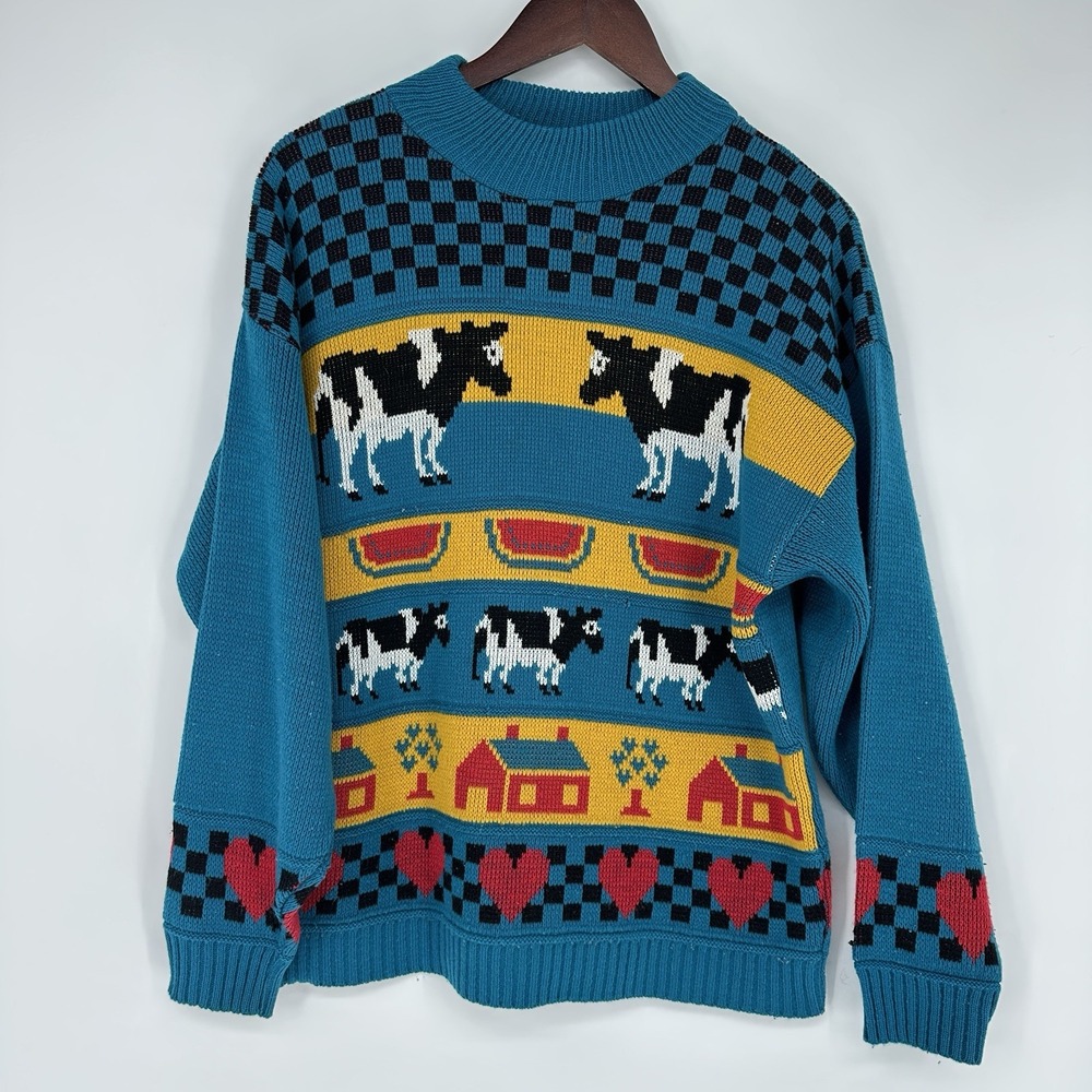 Private Eyes Knit Sweater Cows Watermelon Checkerboard Hearts Farm Large Cottage